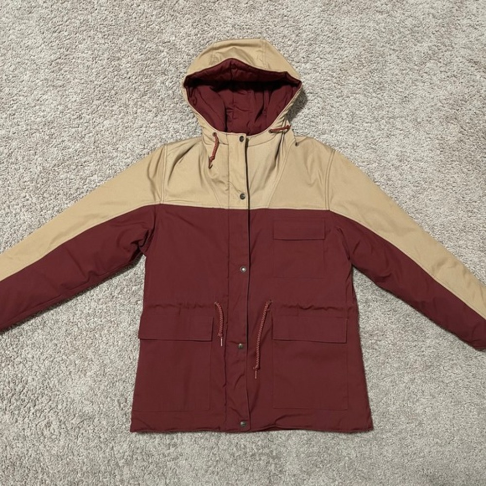 VTG London Fog Jacket Womens Large Tan Burgundy Hooded Parka 80s Coat - Picture 1 of 12